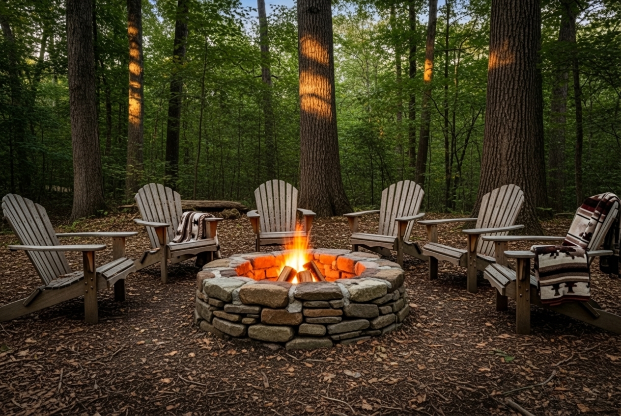 rustic, fieldstone fire pit in a natural landscape setting with Adirondack chairs - fire pit design ideas