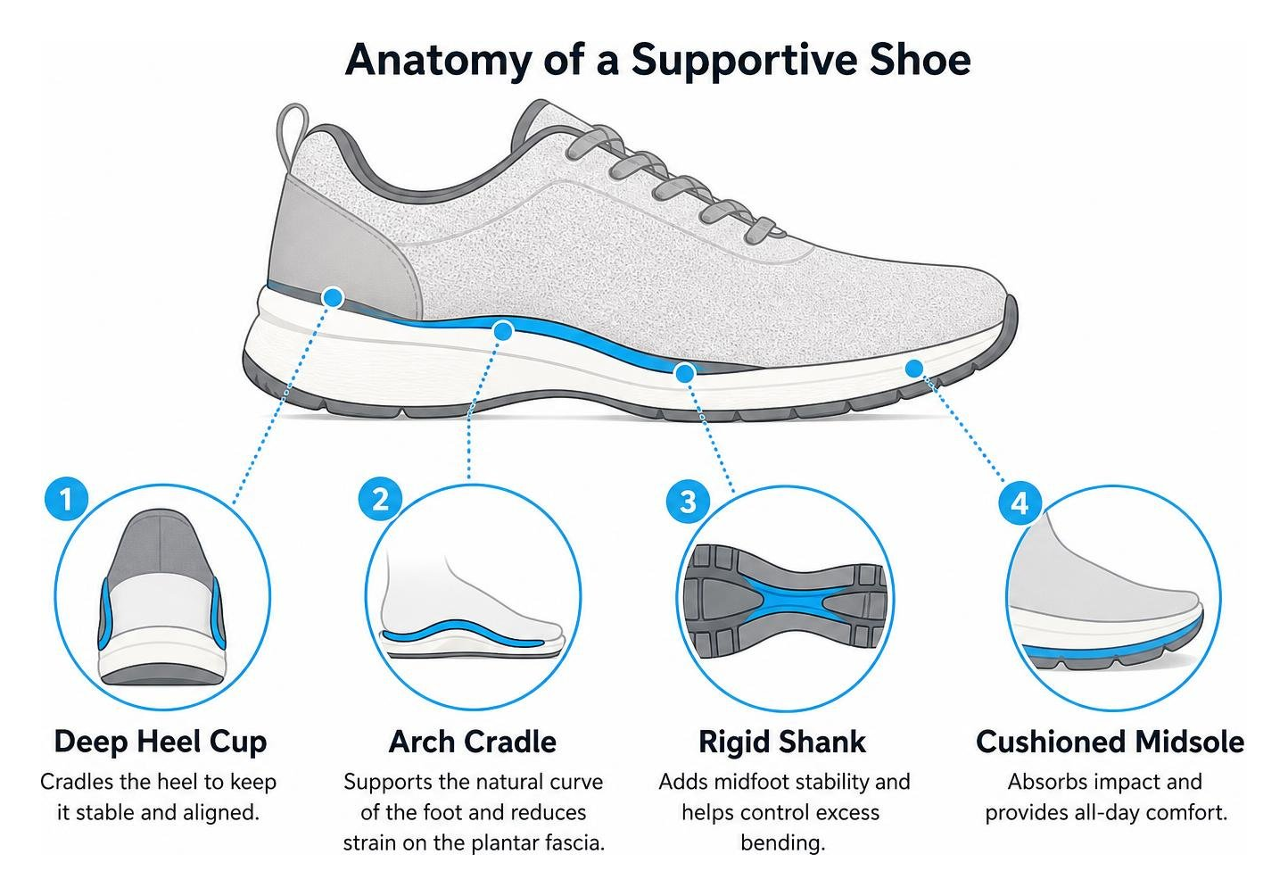 Anatomy of a supportive shoe: deep heel cup, arch cradle, rigid shank, and cushioned midsole Anatomy of a supportive shoe: deep heel cup, arch cradle, rigid shank, and cushioned midsole
