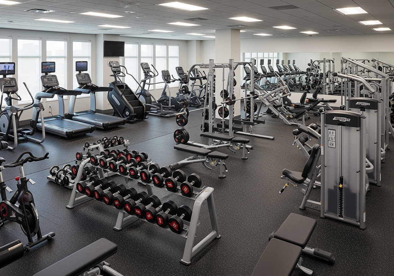 A clean and organized gym floor showing a variety of cardio machines, strength training equipment, and free weights - best gym for weight loss