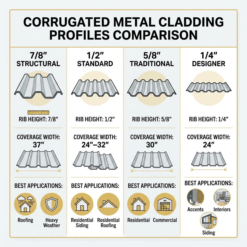 Corrugated metal cladding profiles comparison: rib heights, coverage widths, and best applications - corrugated metal