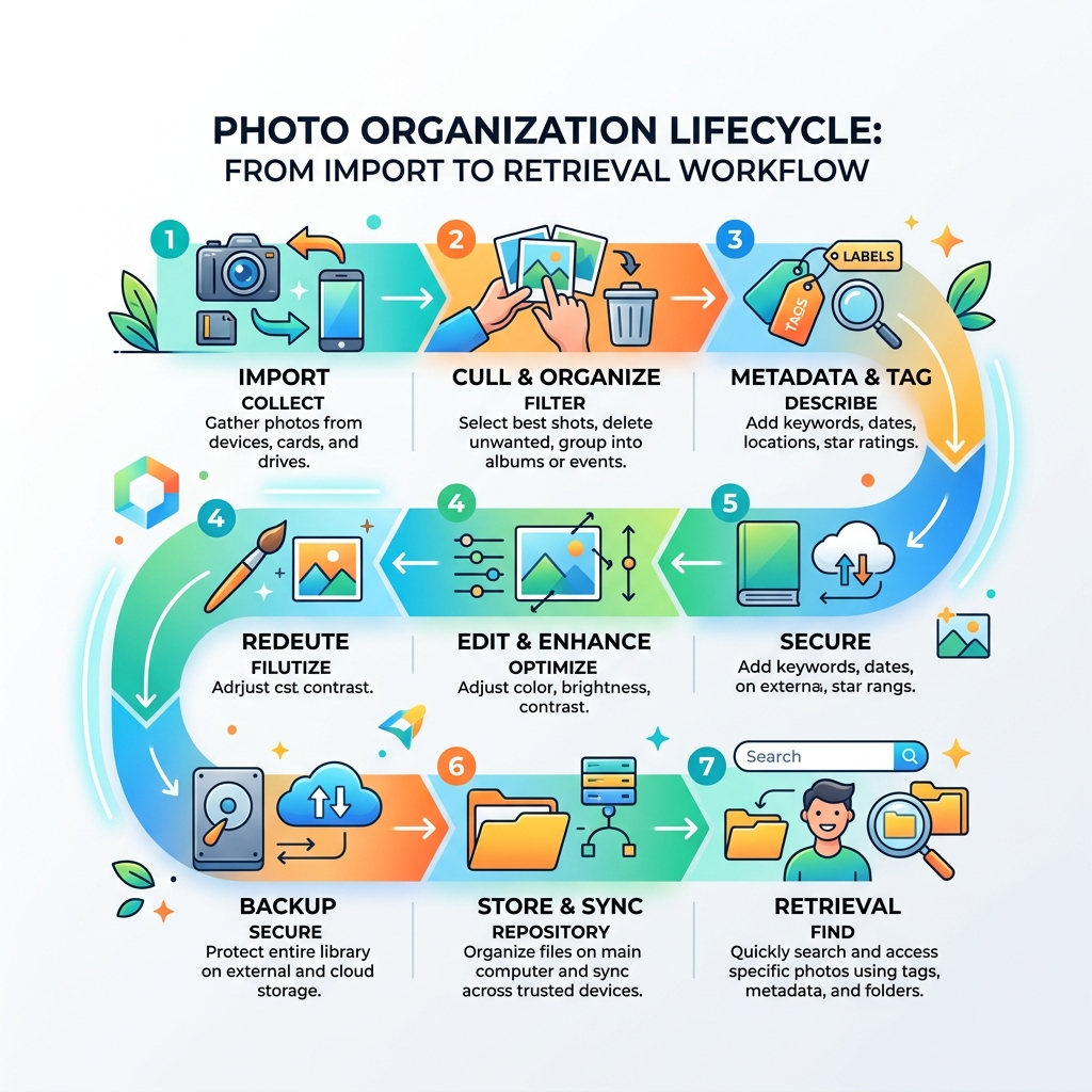 Photo organization lifecycle from import to backup and retrieval workflow - best photo organizing software mac infographic 