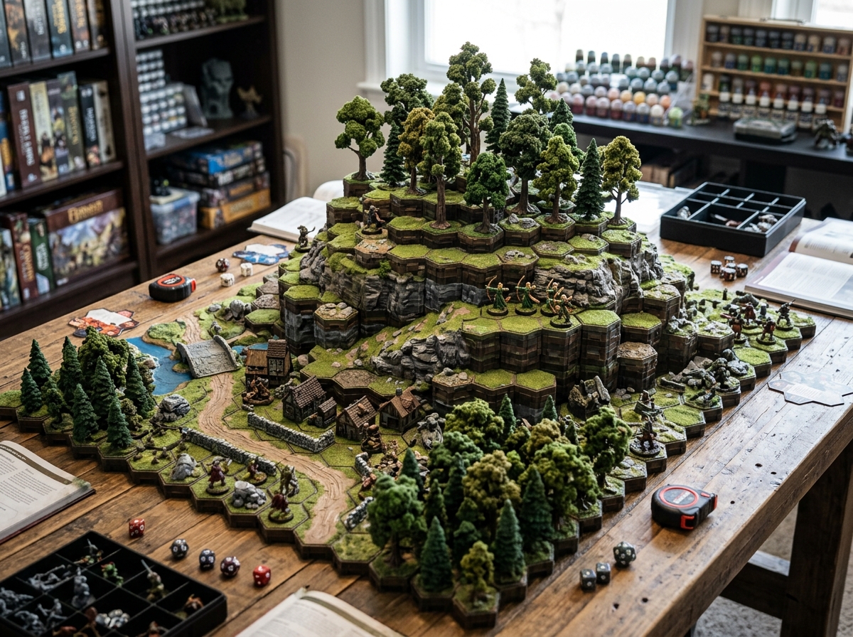 SOURCE modular terrain system showing stacked hex tiles and 3D trees - immersive modular board games SOURCE modular terrain system showing stacked hex tiles and 3D trees - immersive modular board games