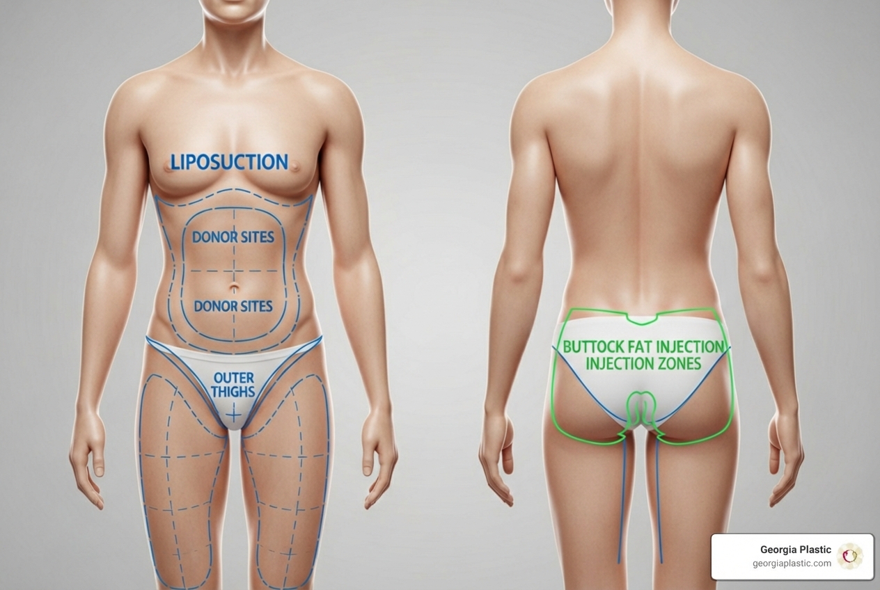 Liposuction donor sites and buttock injection zones - Brazilian butt lift Atlanta