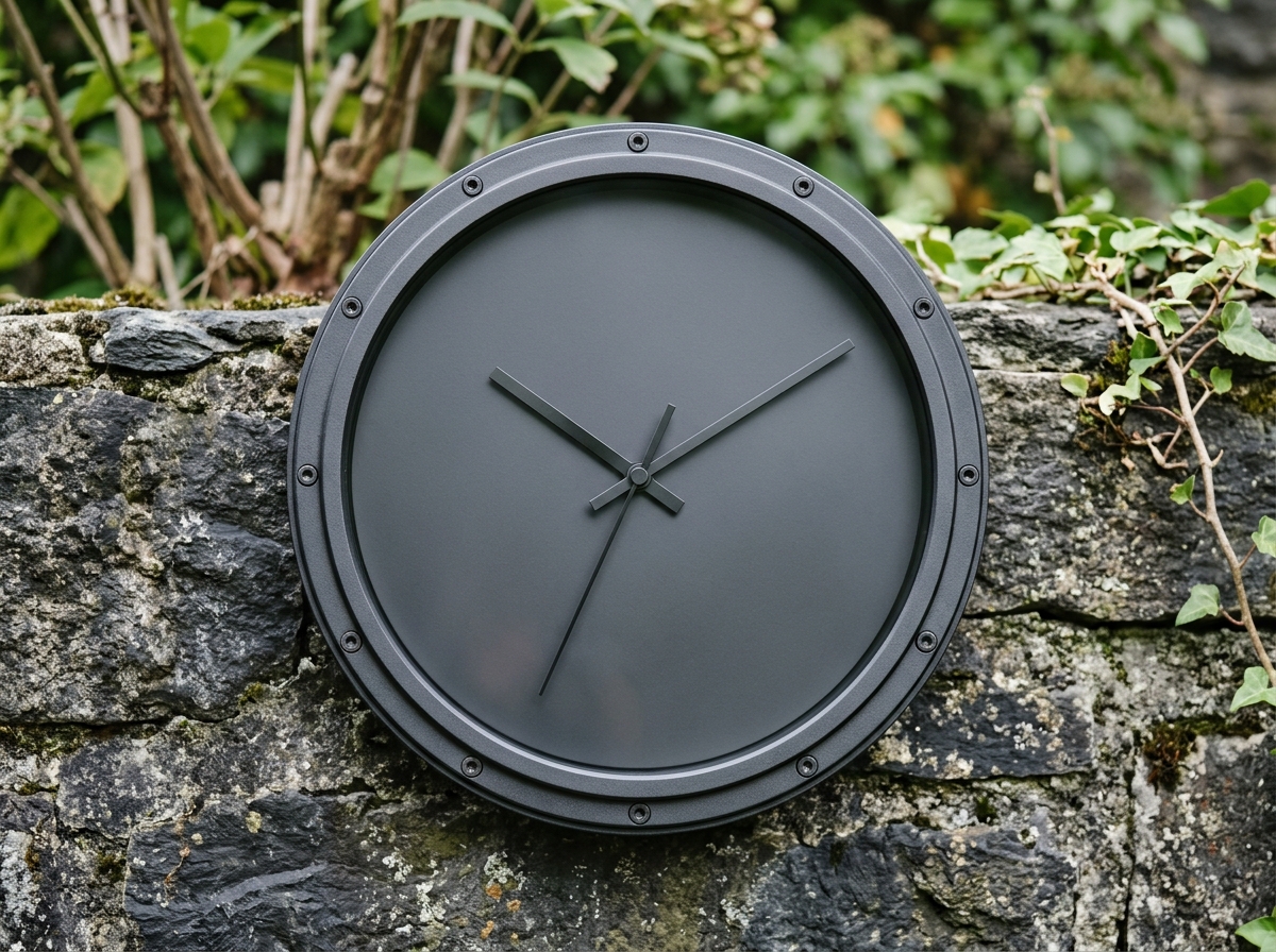 Close-up of a weather-resistant minimalist clock face - minimalist balcony wall clock