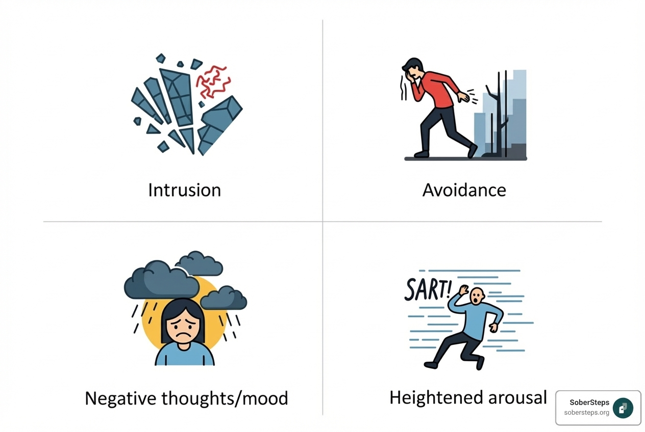 illustrating the four symptom clusters with icons for intrusion, avoidance, mood changes, and arousal -  Post-Traumatic Stress Disorder (PTSD)