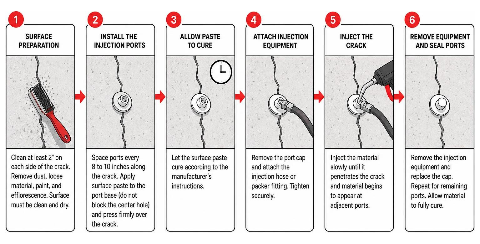 step by step guide to installing injection ports along a foundation crack