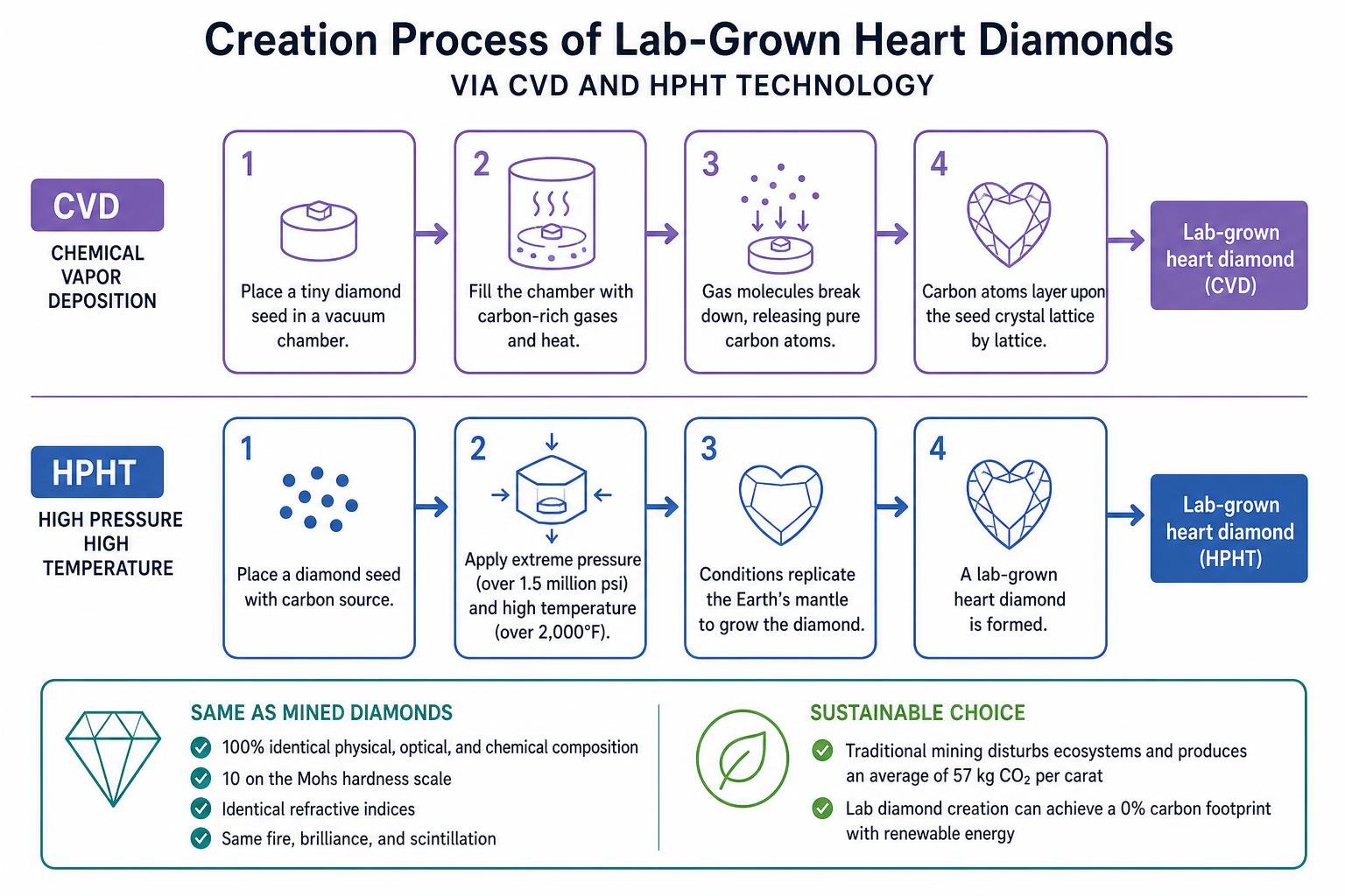 Creation process of lab-grown heart diamonds via CVD and HPHT technology Creation process of lab-grown heart diamonds via CVD and HPHT technology