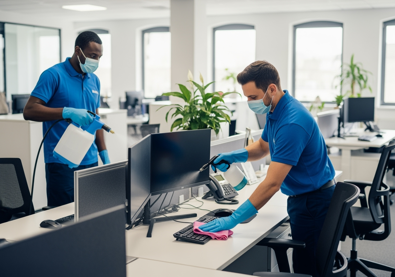 a professional cleaning team sanitizing office workstations - cabling near me