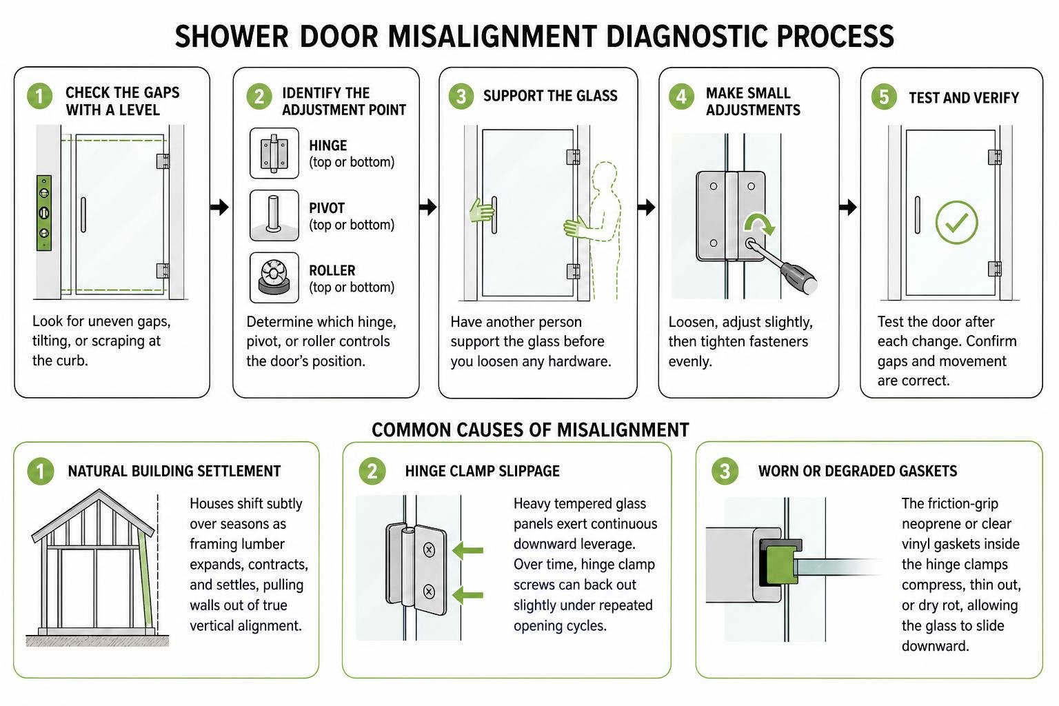 Shower door misalignment diagnostic process Shower door misalignment diagnostic process