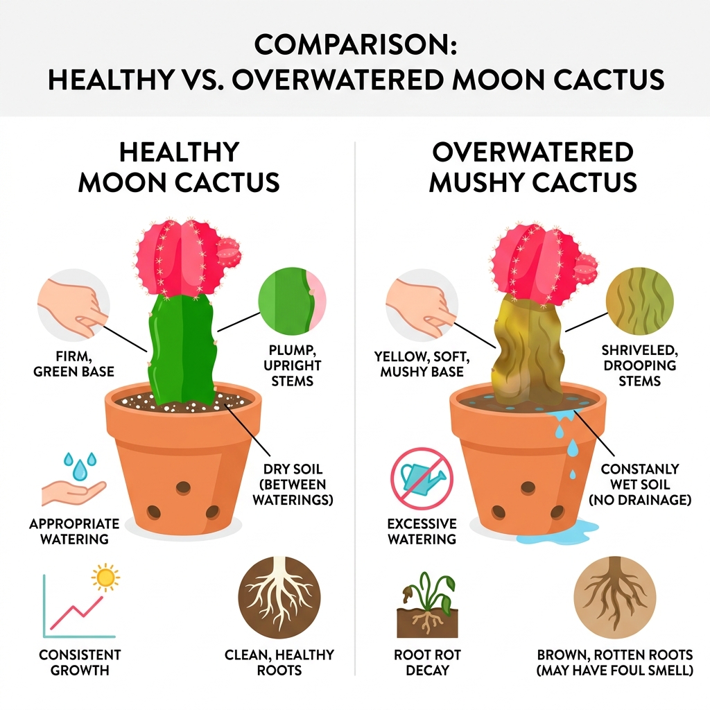 Comparison of healthy moon cactus vs overwatered mushy cactus - moon cactus indoor care infographic 