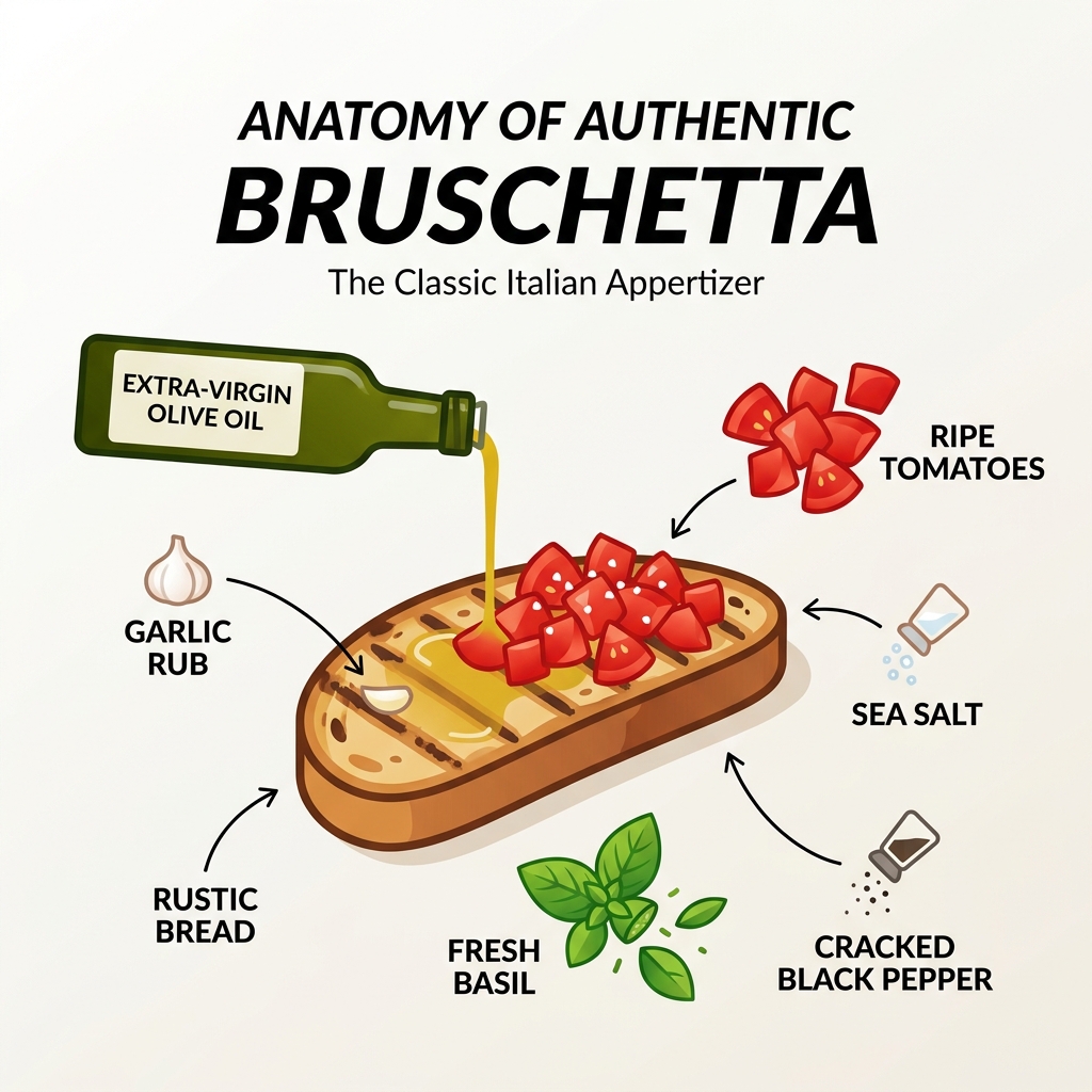 Anatomy of authentic bruschetta: bread, garlic rub, olive oil, tomatoes, basil, salt - classic bruschetta recipe infographic Anatomy of authentic bruschetta: bread, garlic rub, olive oil, tomatoes, basil, salt - classic bruschetta recipe infographic
