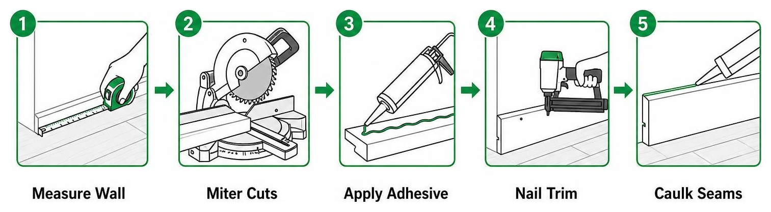 Step-by-step installation flow: measure wall, miter cuts, apply adhesive, nail trim, caulk seams