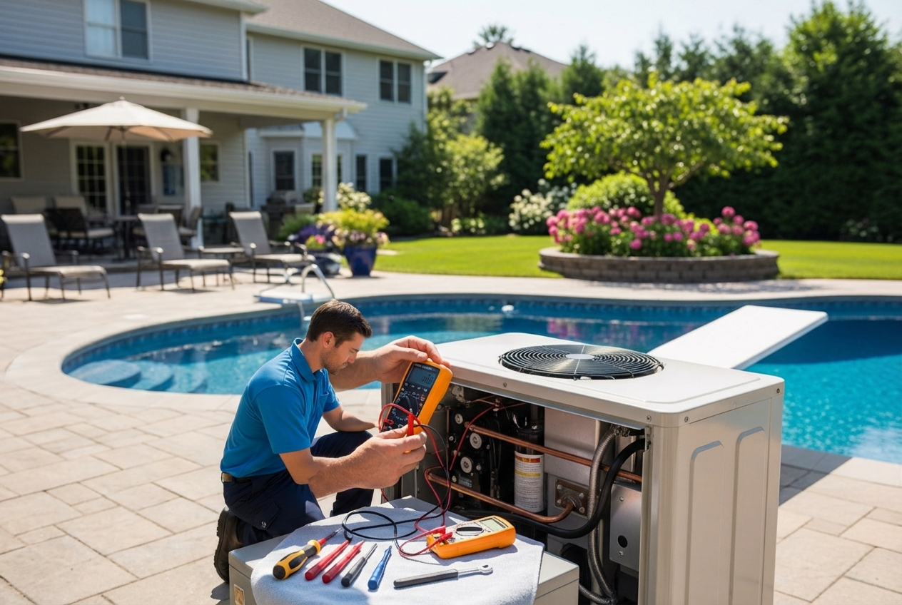 qualified technician in a blue uniform inspecting a pool heat pump with diagnostic tools - pool heater repair and maintenance services in gainesville qualified technician in a blue uniform inspecting a pool heat pump with diagnostic tools - pool heater repair and maintenance services in gainesville