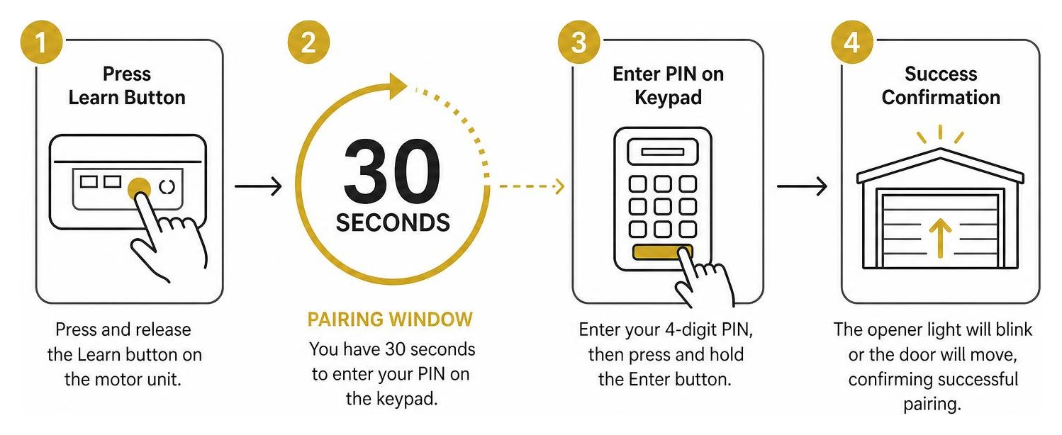 A process diagram showing the 30-second pairing window between pressing the Learn button and entering the PIN A process diagram showing the 30-second pairing window between pressing the Learn button and entering the PIN