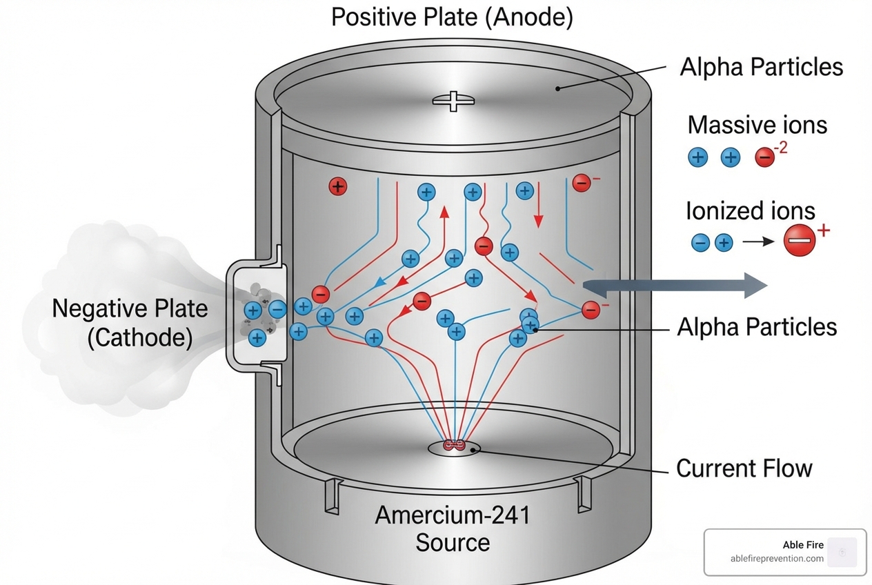 diagram showing the inside of an ionization chamber - ionization fire alarm