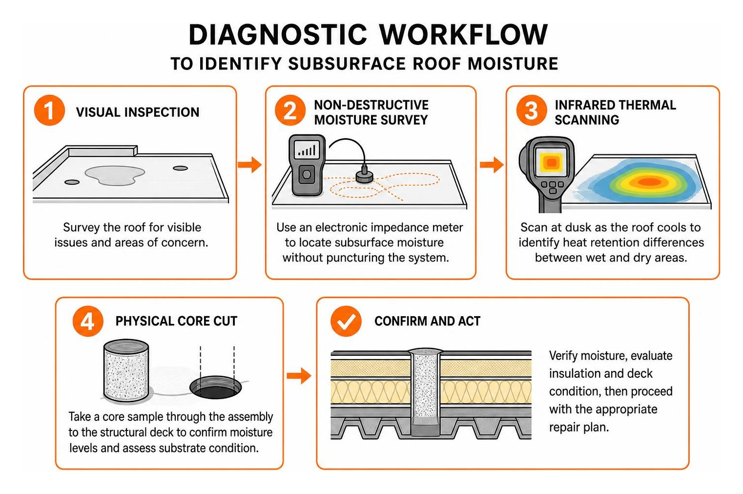 Diagnostic workflow to identify subsurface roof moisture Diagnostic workflow to identify subsurface roof moisture