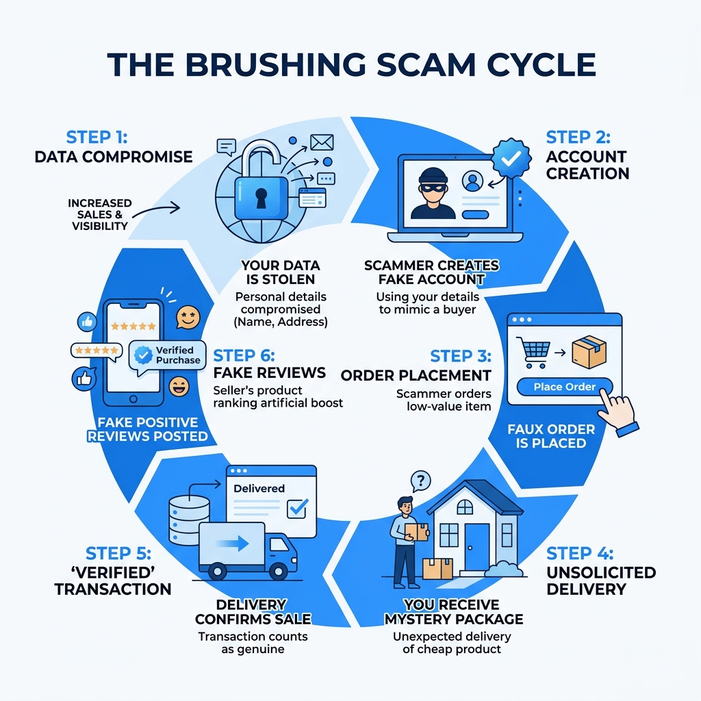 Step-by-step brushing scam cycle infographic showing data theft to fake reviews - brushing scam infographic Step-by-step brushing scam cycle infographic showing data theft to fake reviews - brushing scam infographic
