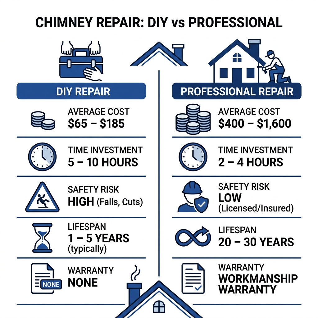 Infographic comparing DIY vs Professional chimney repair costs and benefits - flashing repair around chimney infographic 
