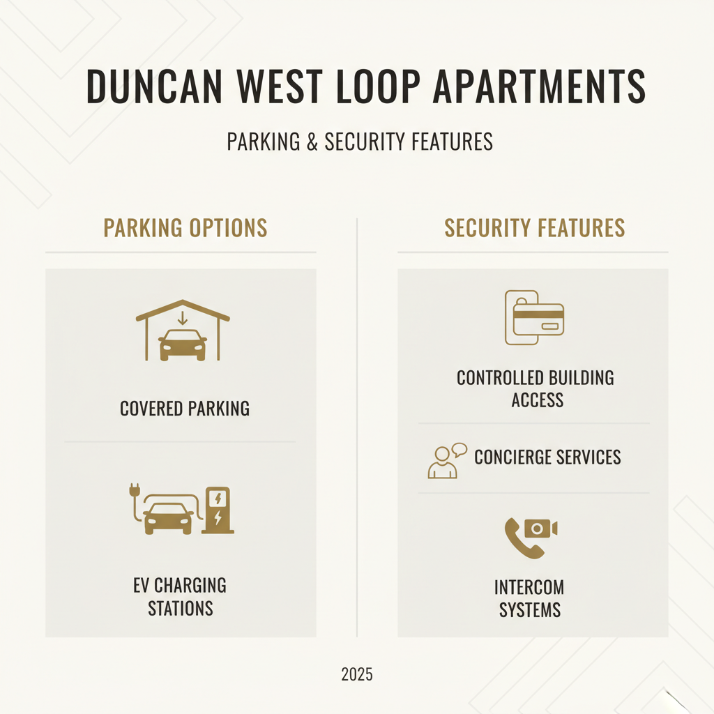 An infographic detailing parking options and security features - Duncan West Loop apartments infographic 