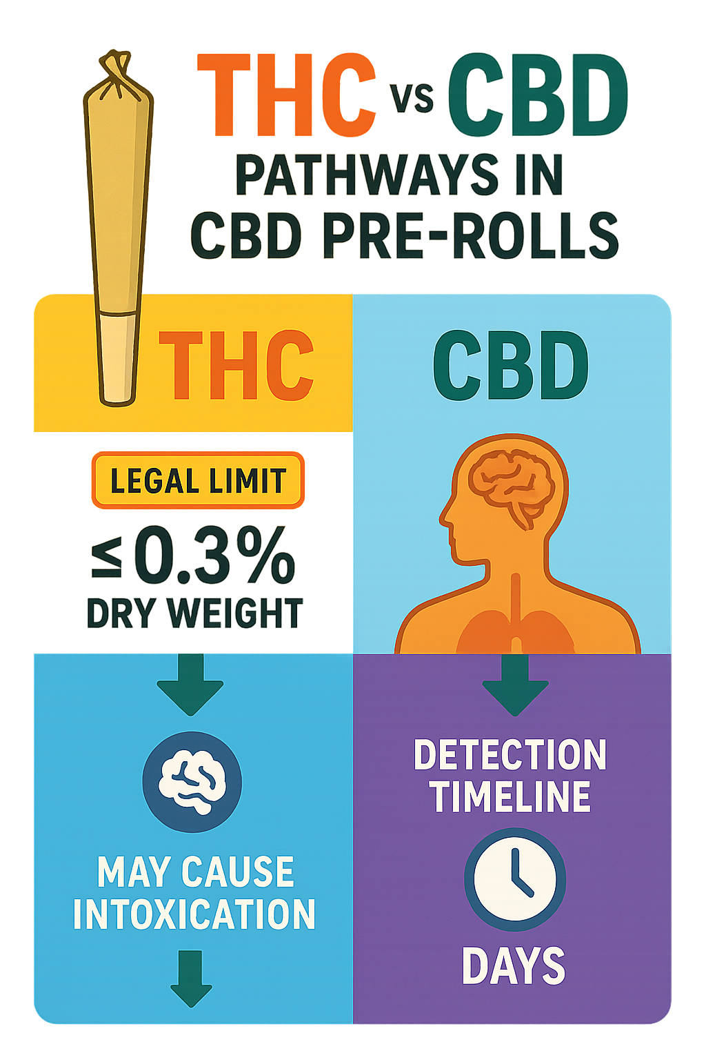 THC vs CBD pathways in CBD pre-rolls showing legal limits, effects on body, and detection timeline - do cbd pre rolls have thc infographic 