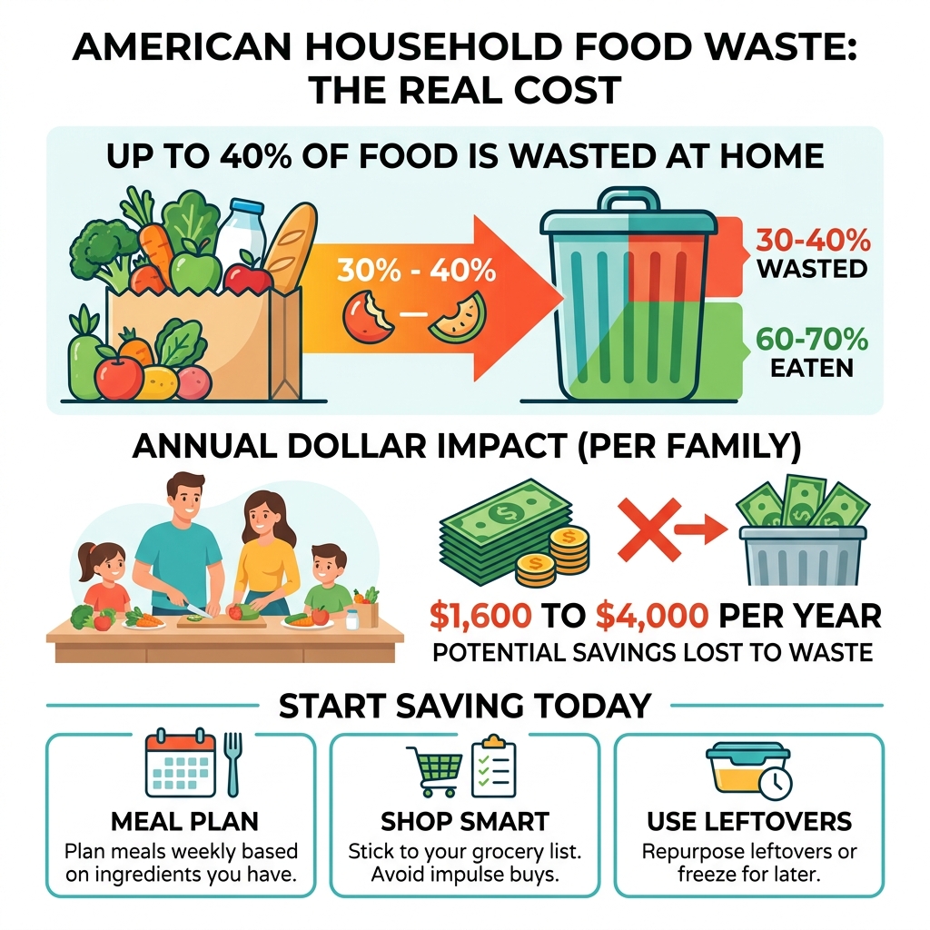 Infographic showing 30-40% food waste in American households and dollar impact per year - family healthy meals on a budget Infographic showing 30-40% food waste in American households and dollar impact per year - family healthy meals on a budget