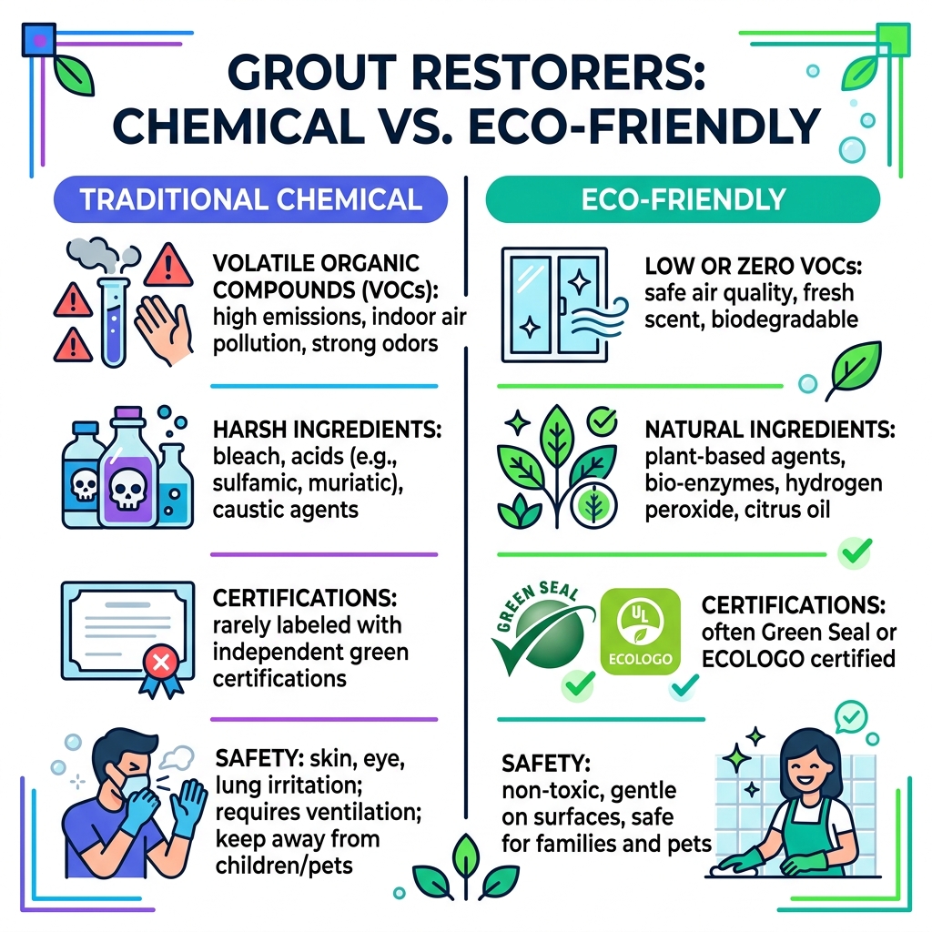 Infographic comparing chemical vs eco-friendly grout restorers: VOCs, ingredients, certifications, and safety - eco friendly Infographic comparing chemical vs eco-friendly grout restorers: VOCs, ingredients, certifications, and safety - eco friendly