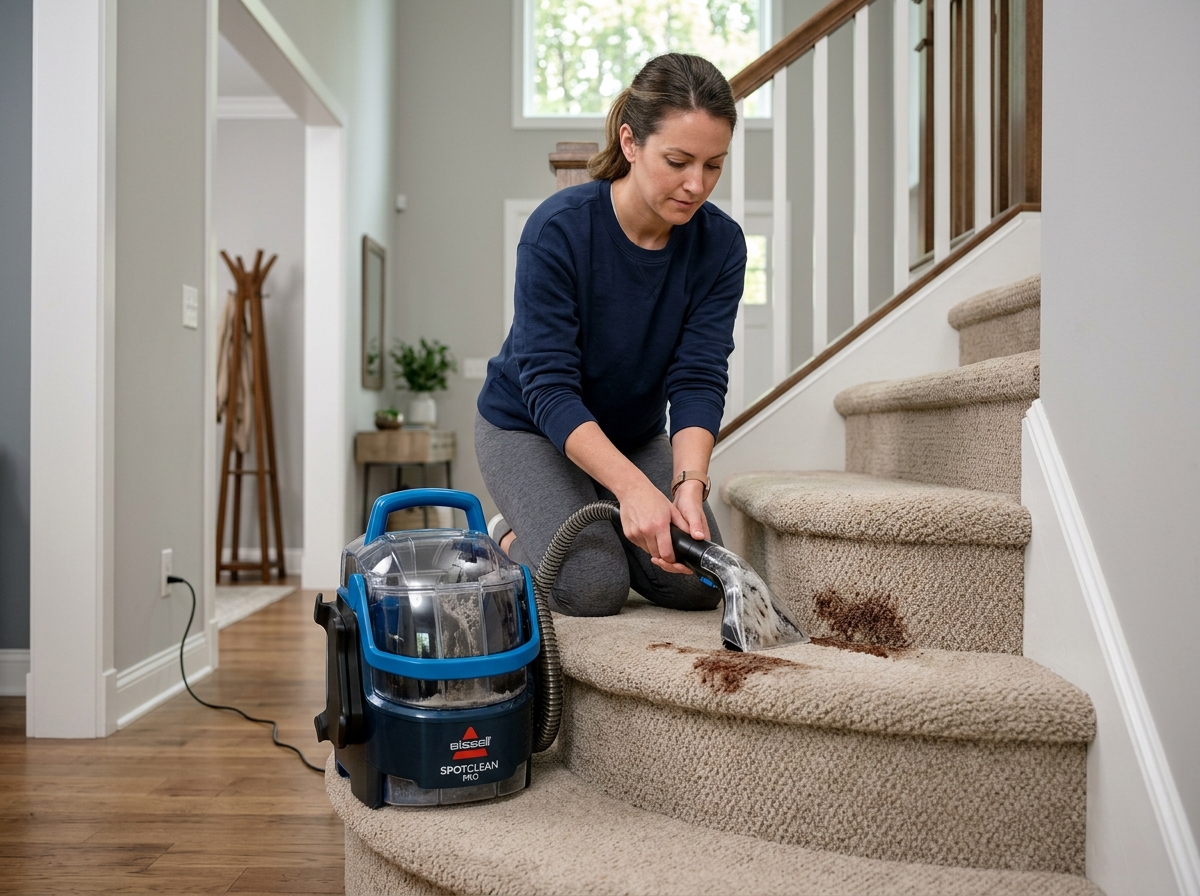 A person using a portable spot cleaner on carpeted stairs - best upholstery cleaner machine reddit A person using a portable spot cleaner on carpeted stairs - best upholstery cleaner machine reddit