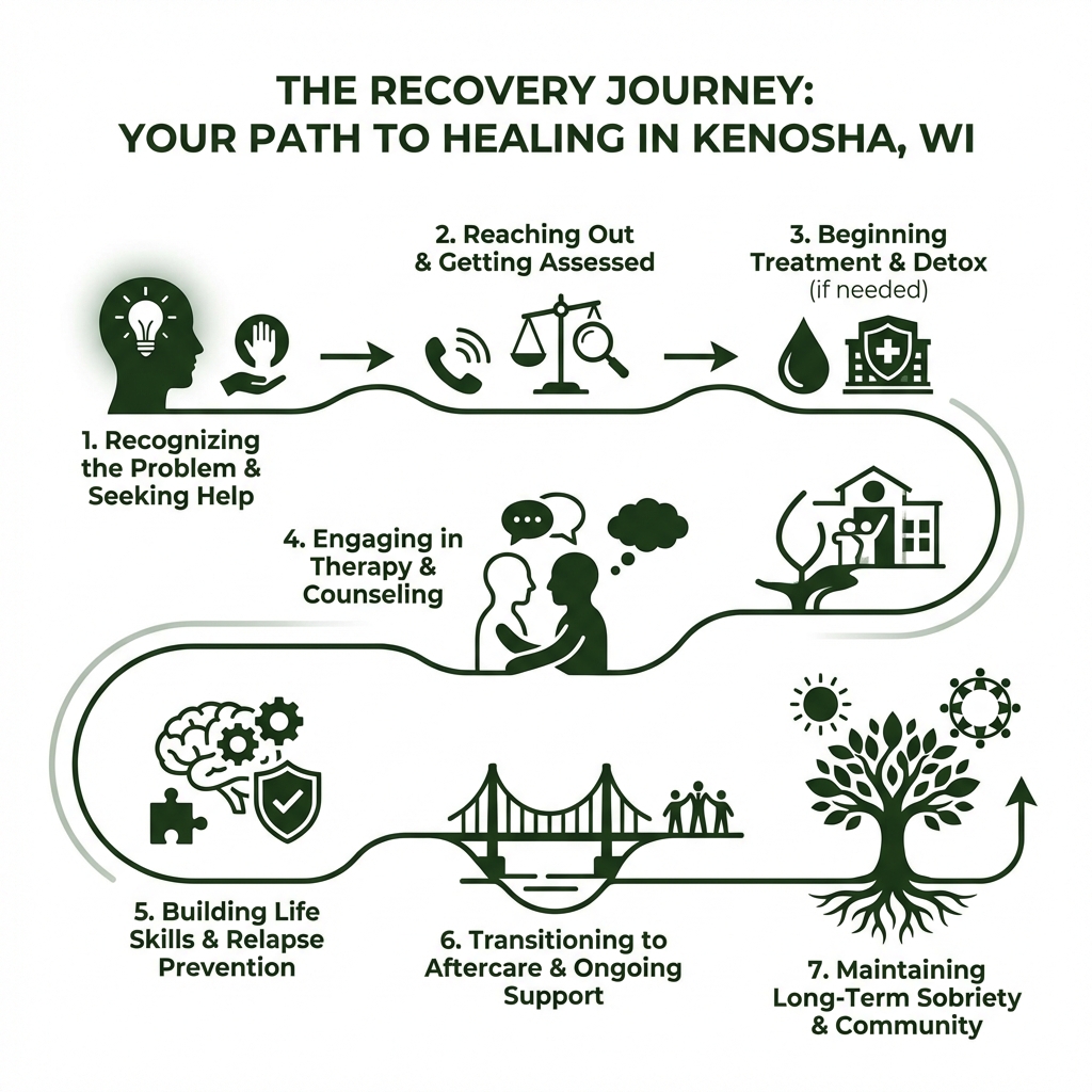 Infographic showing the recovery journey steps: 1. Recognizing the problem and seeking help, 2. Reaching out to treatment centers and getting assessed, 3. Beginning treatment with detox if needed, 4. Engaging in therapy and counseling, 5. Building life skills and relapse prevention strategies, 6. Transitioning to aftercare and ongoing support, 7. Maintaining long-term sobriety through community and self-help resources - Drug Rehab Centers Kenosha, WI  infographic 
