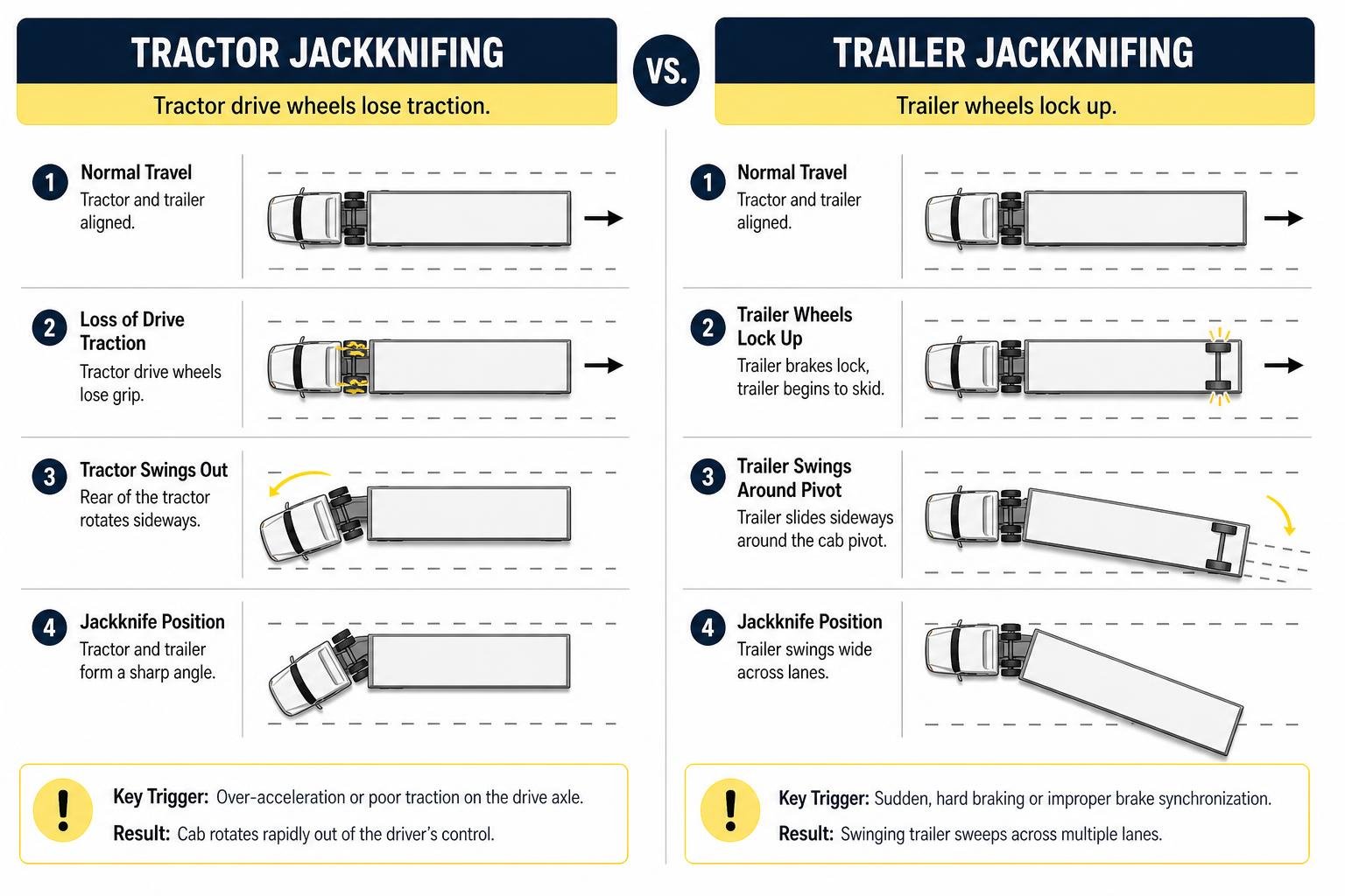 comparison diagram of tractor jackknife versus trailer jackknife mechanics