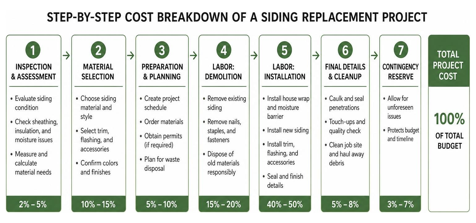 Diagram showing the step-by-step cost breakdown of a siding replacement project Diagram showing the step-by-step cost breakdown of a siding replacement project