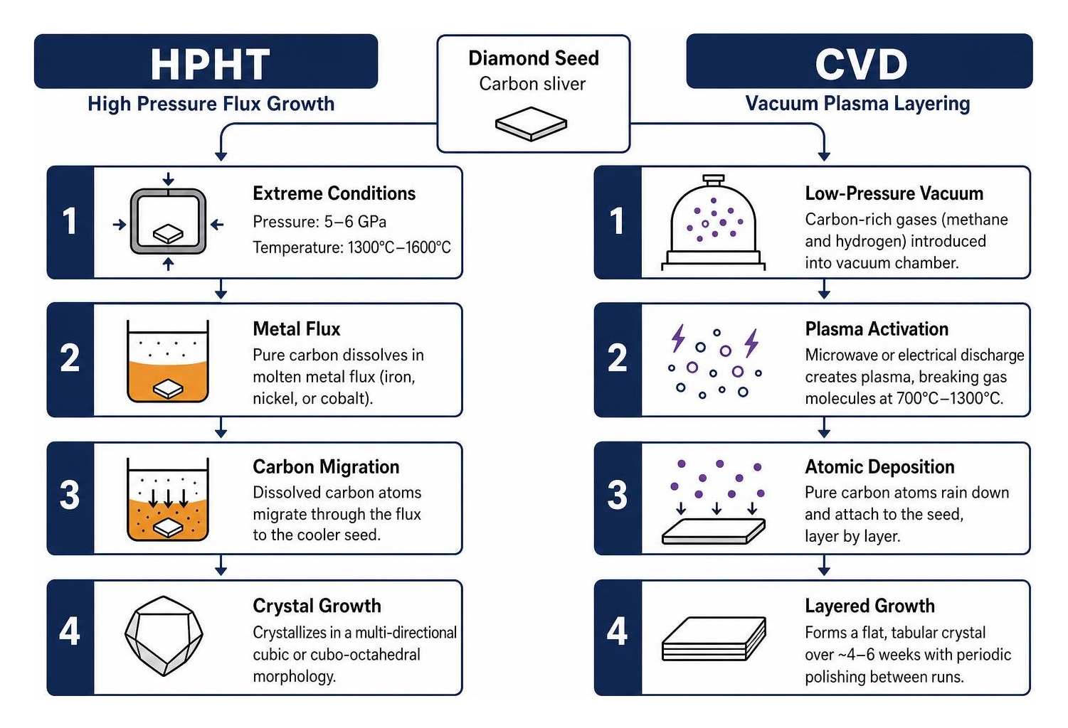 Diamond growth method comparison: HPHT high pressure flux vs CVD vacuum plasma layering Diamond growth method comparison: HPHT high pressure flux vs CVD vacuum plasma layering