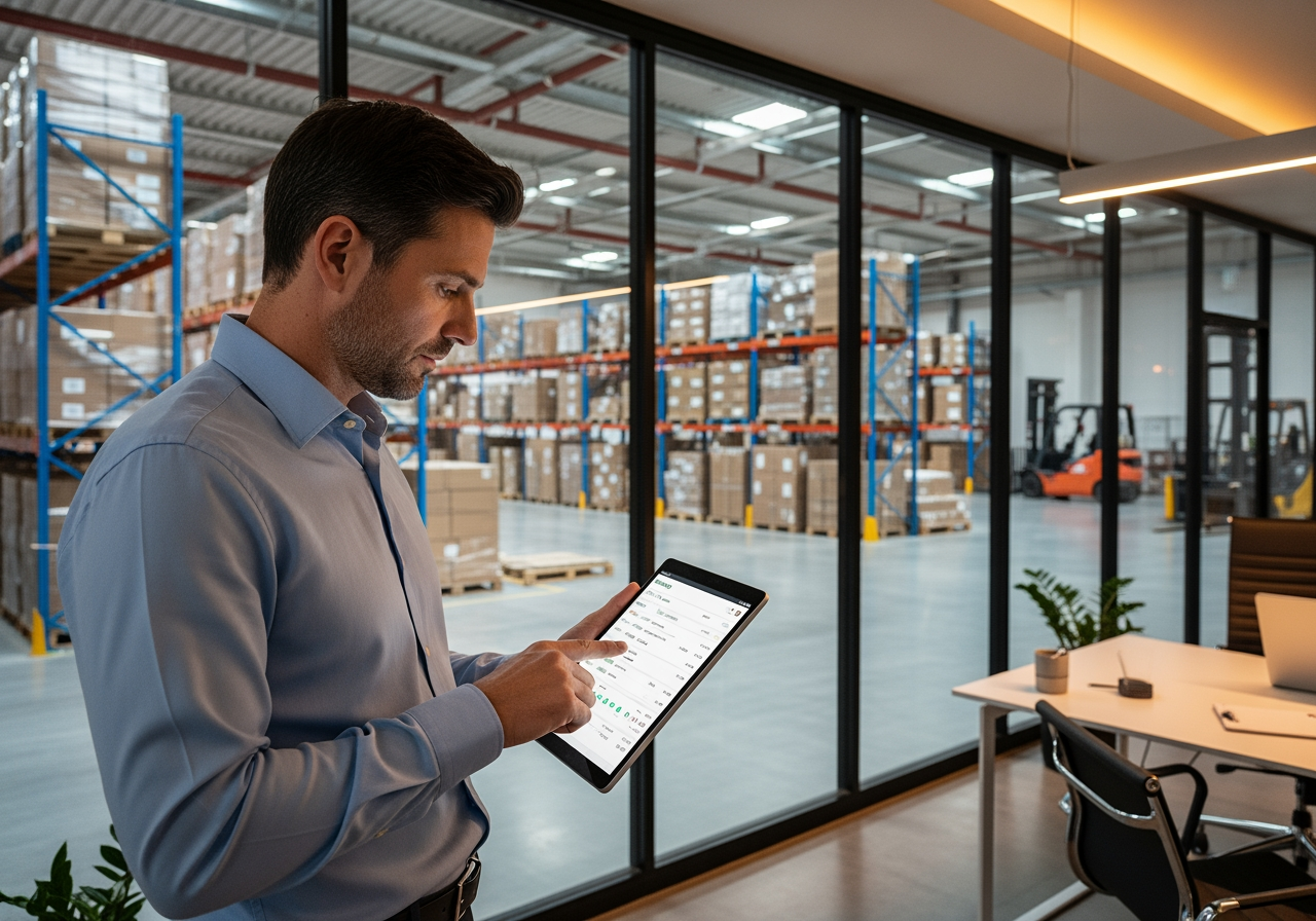 A logistics professional reviewing inventory on a tablet in a modern office-warehouse suite