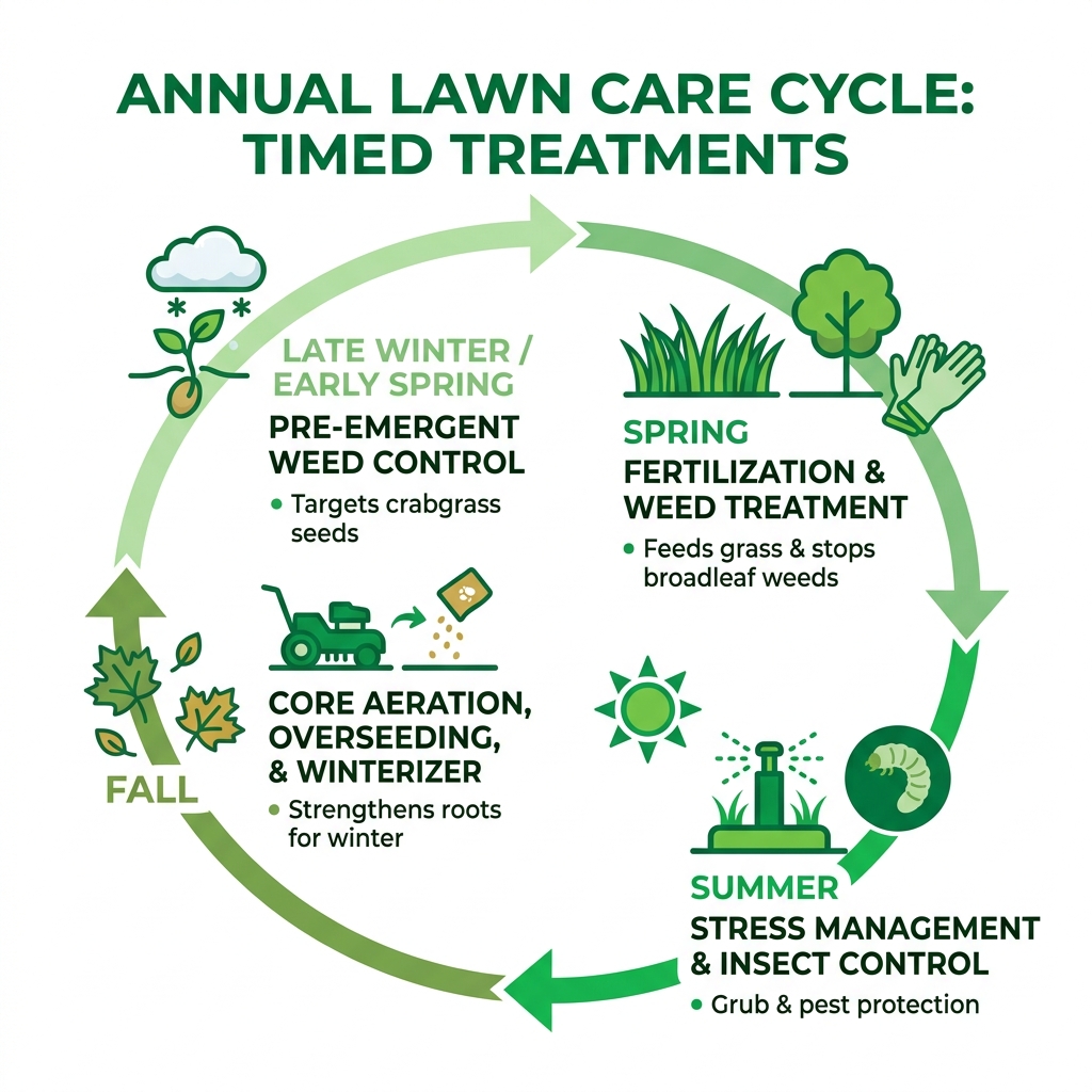 Annual lawn care cycle infographic showing seasonal treatments from pre-emergent in late winter through winterizer in fall Annual lawn care cycle infographic showing seasonal treatments from pre-emergent in late winter through winterizer in fall