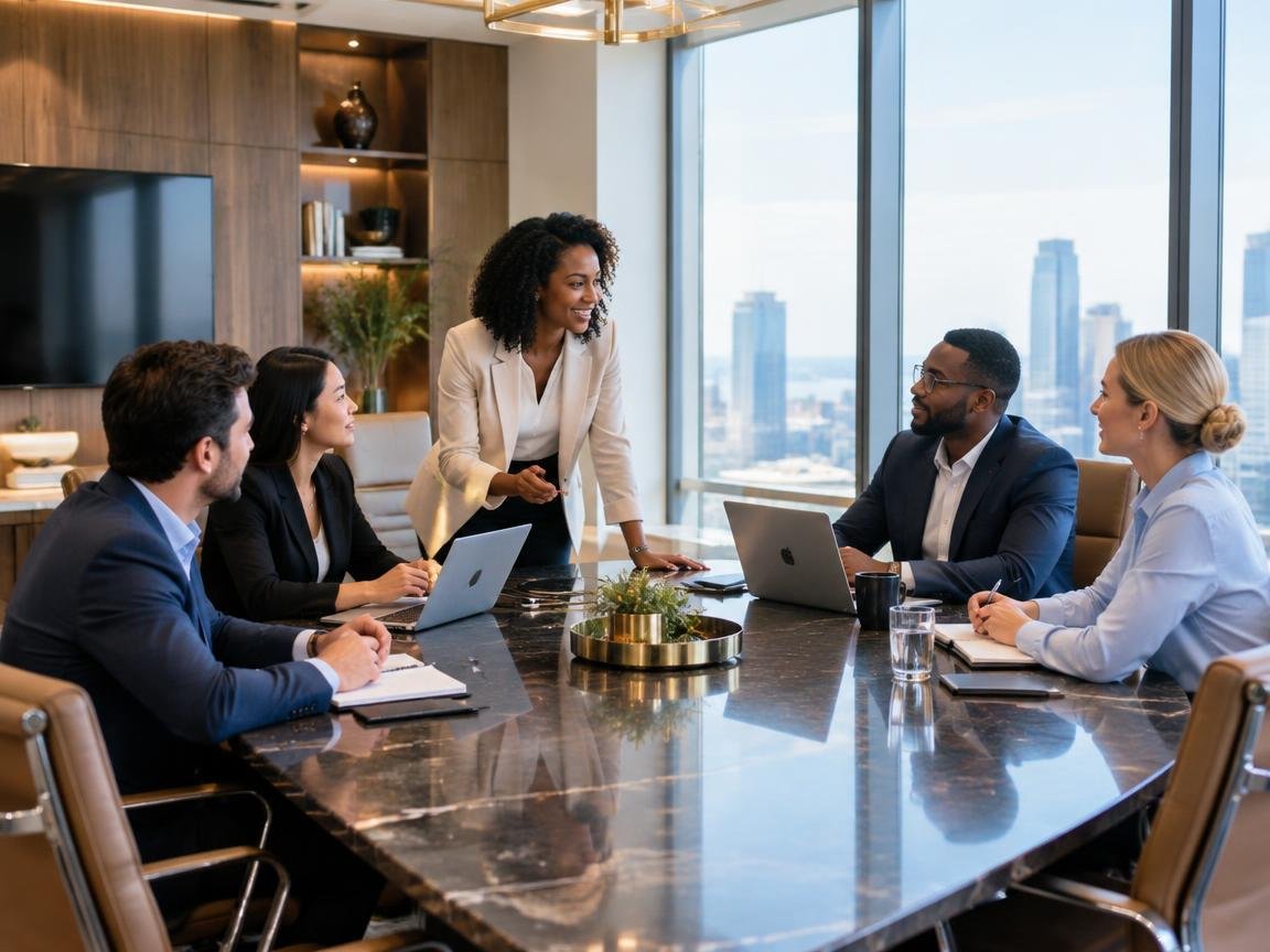 diverse professionals collaborating in a luxurious executive conference room
