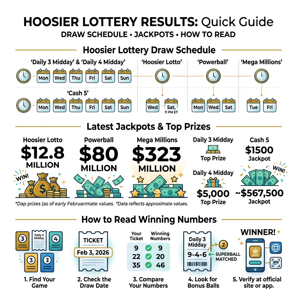 Infographic showing Hoosier Lottery draw schedule, latest jackpots, and how to read winning numbers - hoosier lottery Infographic showing Hoosier Lottery draw schedule, latest jackpots, and how to read winning numbers - hoosier lottery