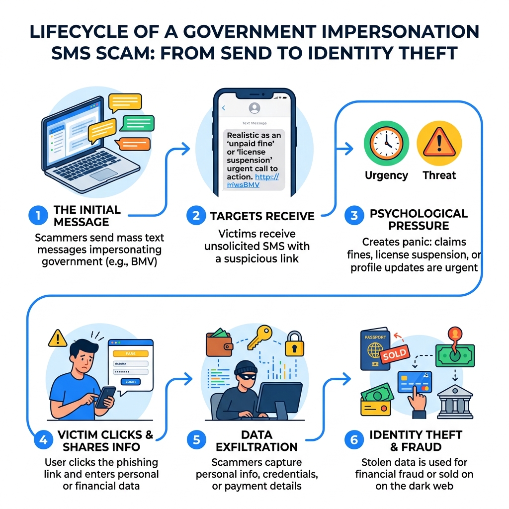 Lifecycle of a government impersonation SMS scam from send to identity theft - Ohio BMV scam text infographic Lifecycle of a government impersonation SMS scam from send to identity theft - Ohio BMV scam text infographic