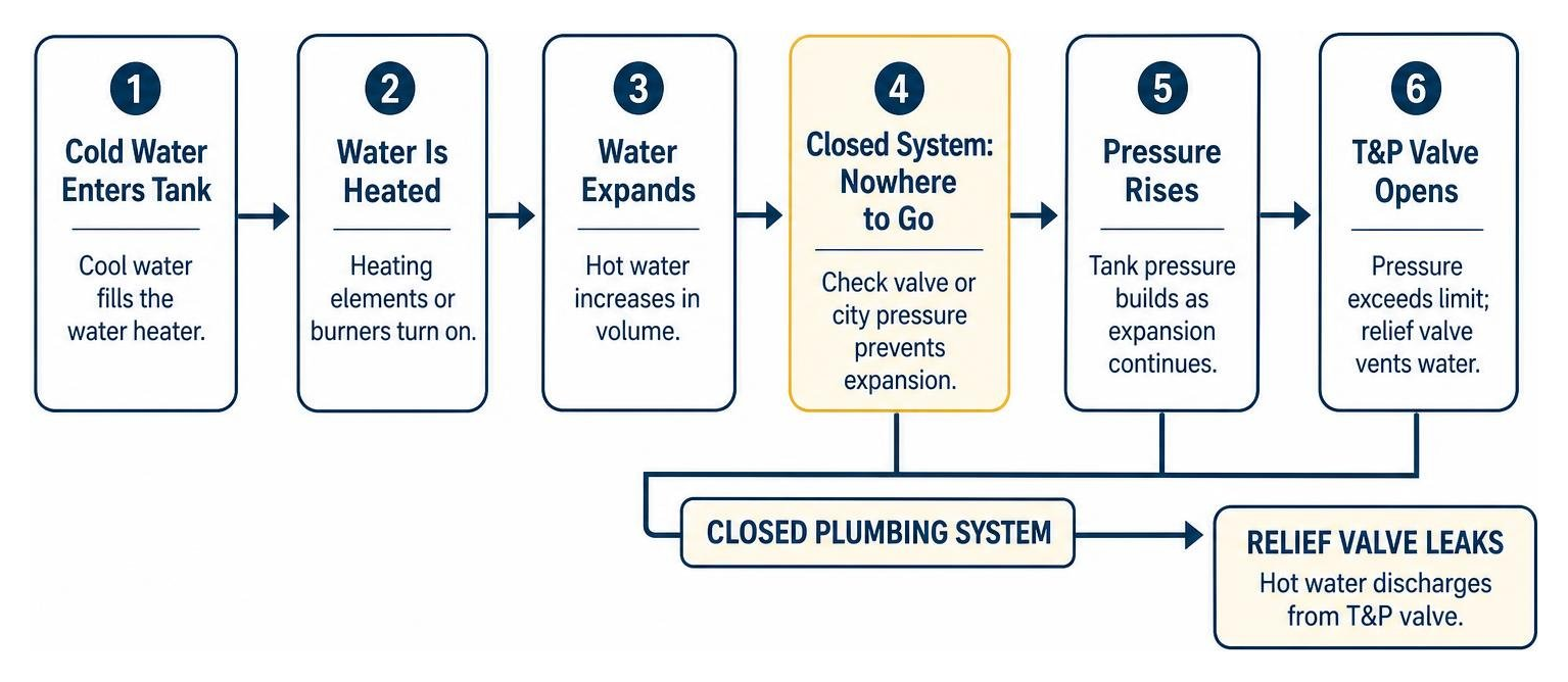 Thermal expansion process in a closed plumbing system leading to a leaking relief valve Thermal expansion process in a closed plumbing system leading to a leaking relief valve
