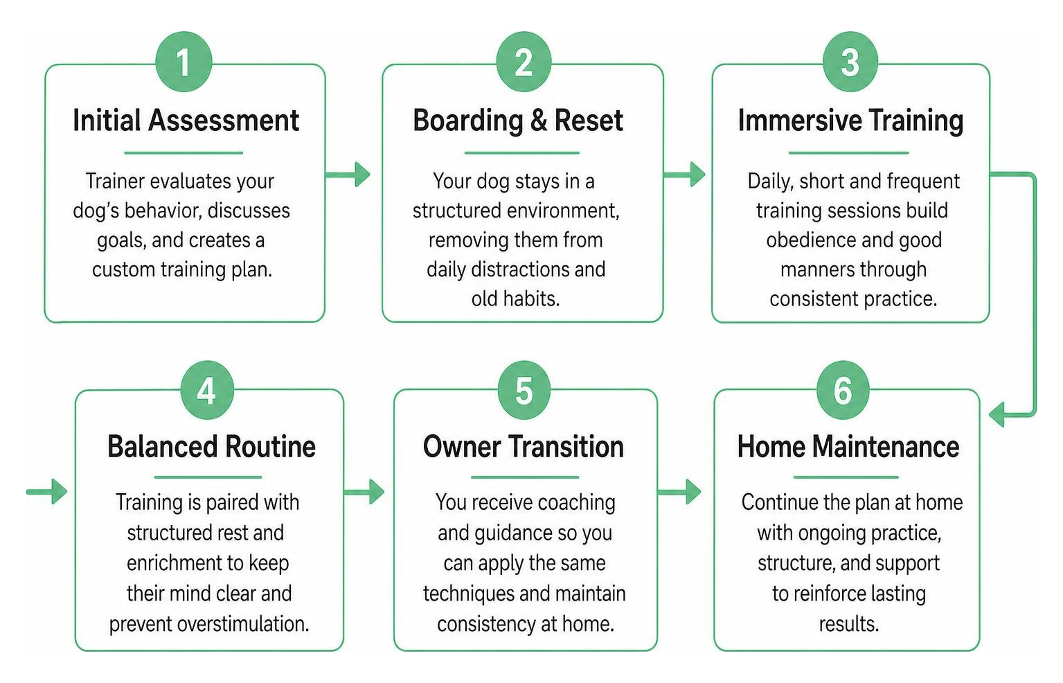 Step-by-step process of a board and train program from initial assessment to home maintenance Step-by-step process of a board and train program from initial assessment to home maintenance