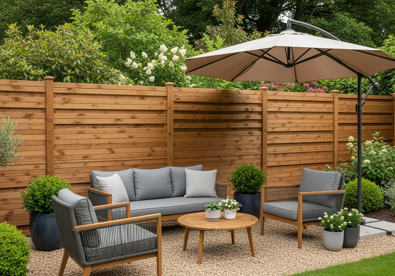 stylish wooden fence providing privacy for a backyard seating area - backyard patio builders