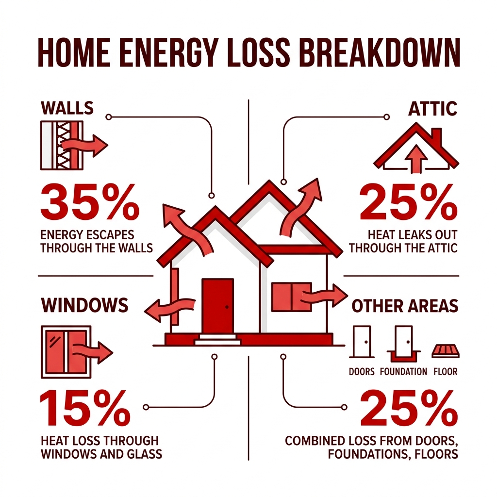 Home energy loss breakdown showing percentages through walls, attic, windows, and other areas - insulation pittsburgh pa