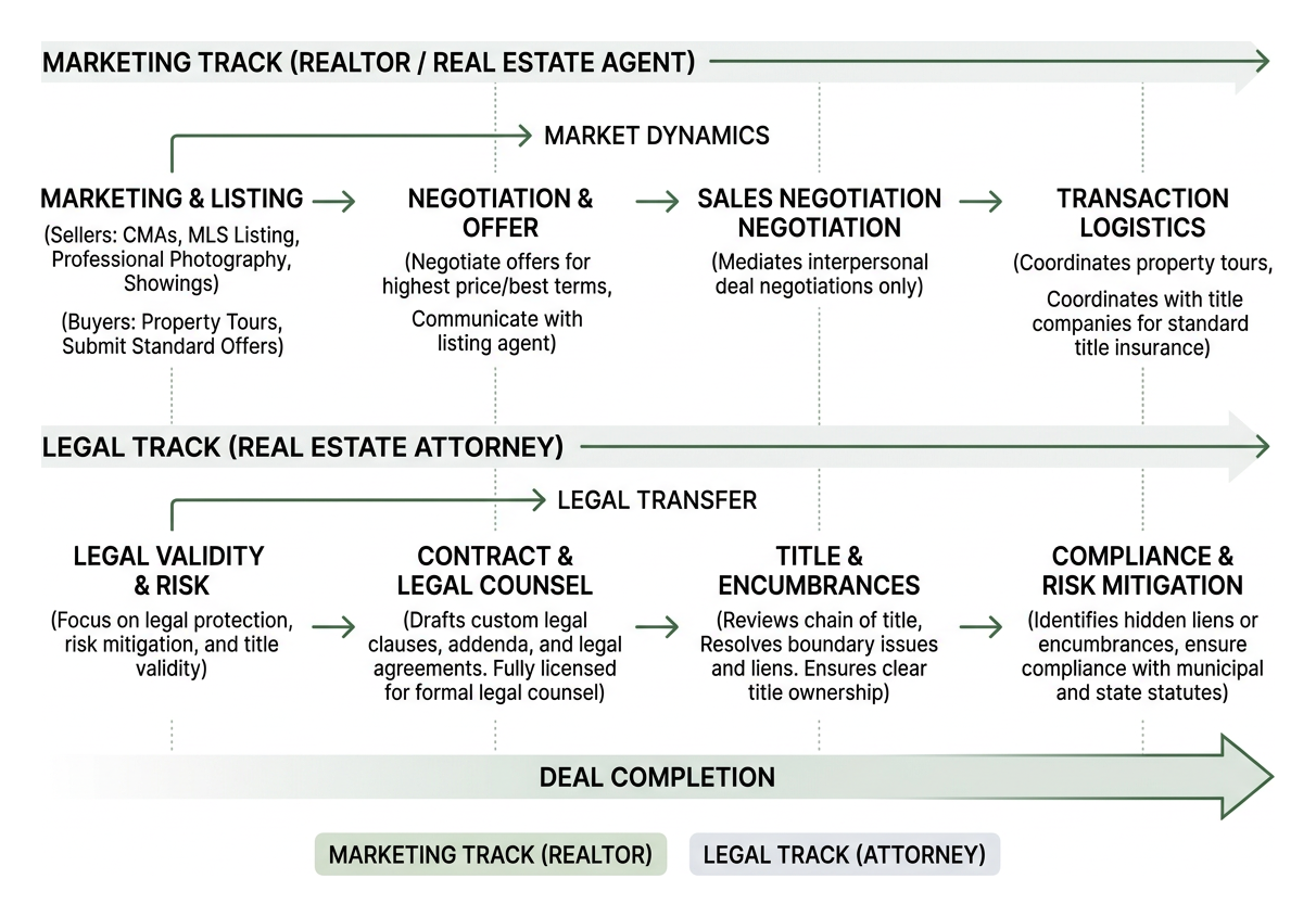 Workflow showing the legal and marketing tracks of a real estate transaction