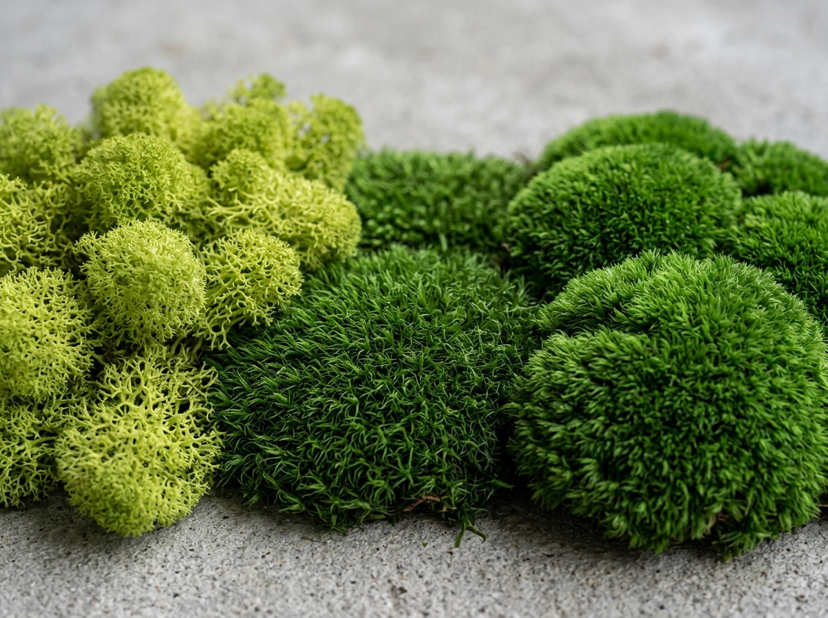 Various preserved moss textures including reindeer, sheet, and mood moss - diy moss wall hanging