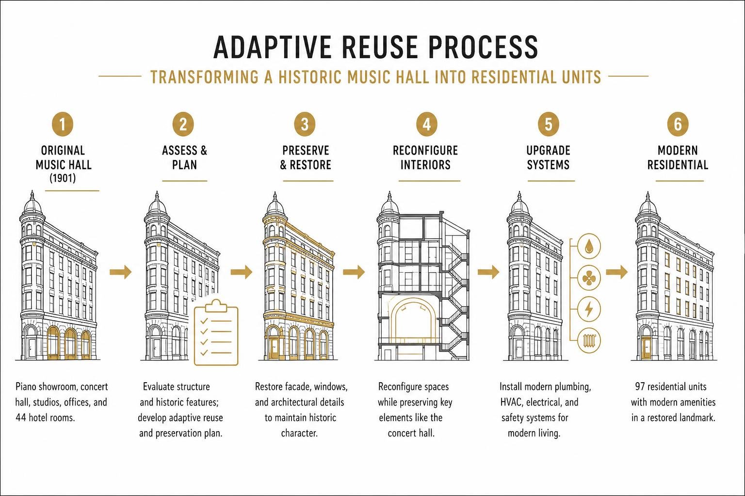 Diagram of adaptive reuse process transforming historic music hall into residential units Diagram of adaptive reuse process transforming historic music hall into residential units