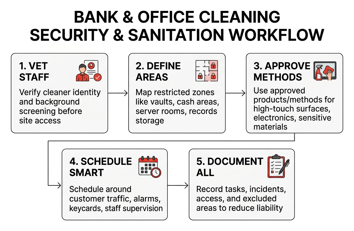 Bank and office cleaning security and sanitation workflow
