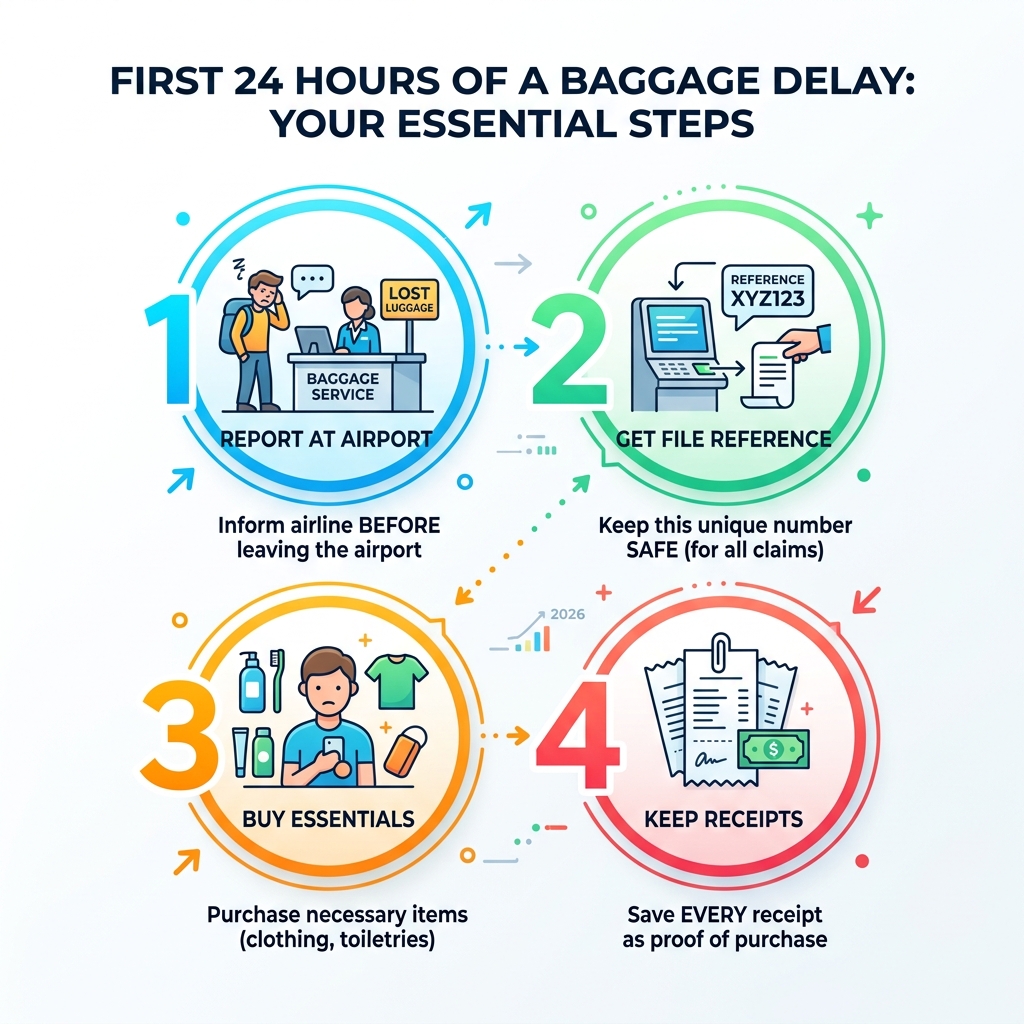First 24 hours of a baggage delay: report at airport, get file reference, buy essentials, keep receipts - baggage delay
