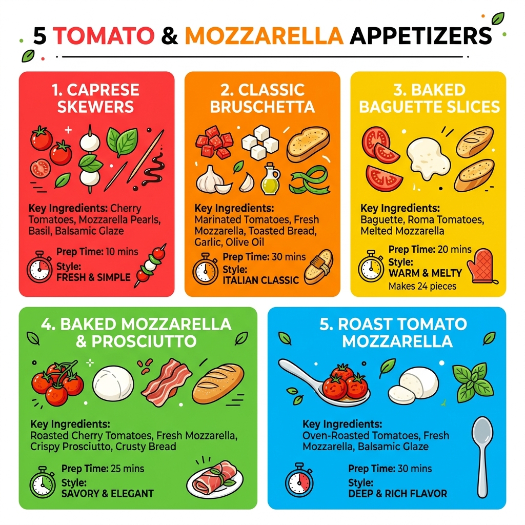 Infographic showing 5 tomato and mozzarella appetizers with key ingredients, prep time, and style - appetizers with tomatoes