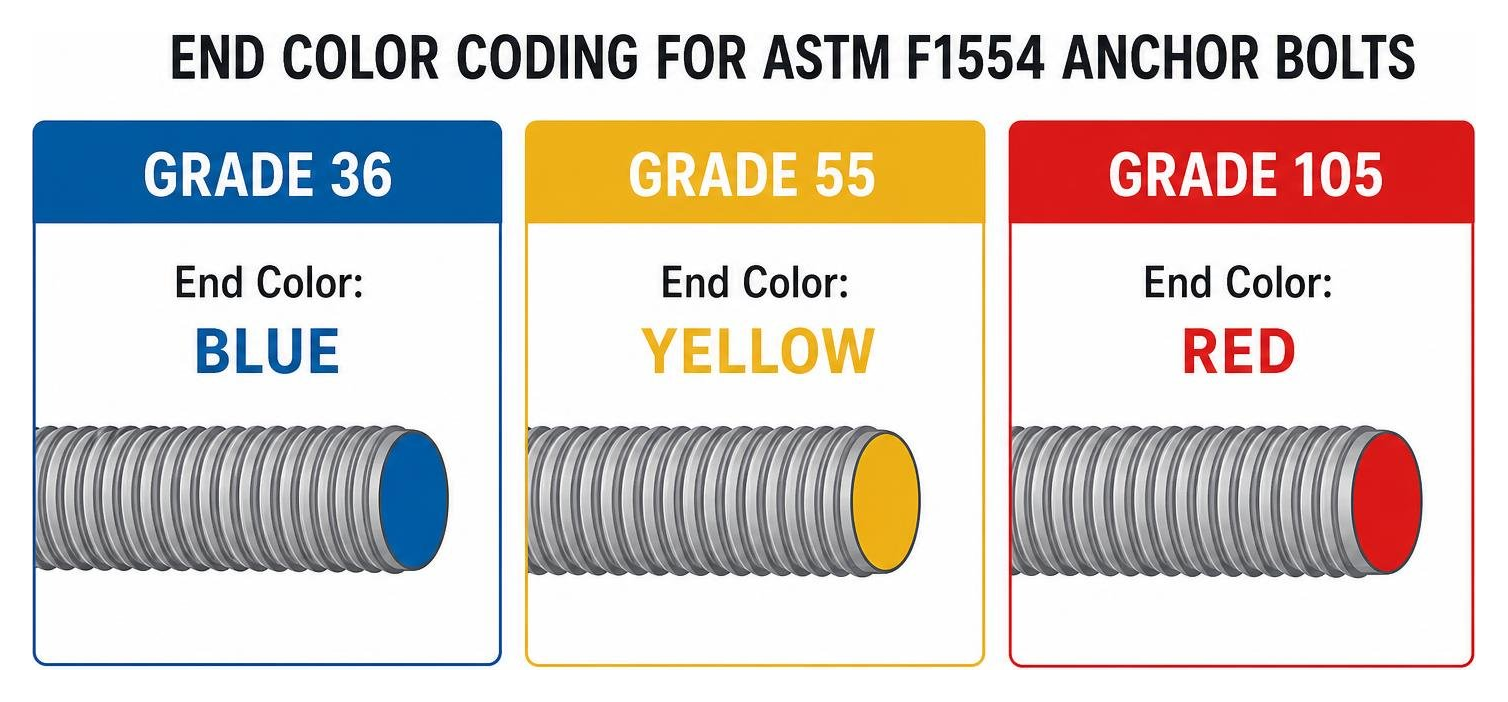 End color coding for ASTM F1554 anchor bolts: Blue for Grade 36, Yellow for Grade 55, Red for Grade 105 End color coding for ASTM F1554 anchor bolts: Blue for Grade 36, Yellow for Grade 55, Red for Grade 105