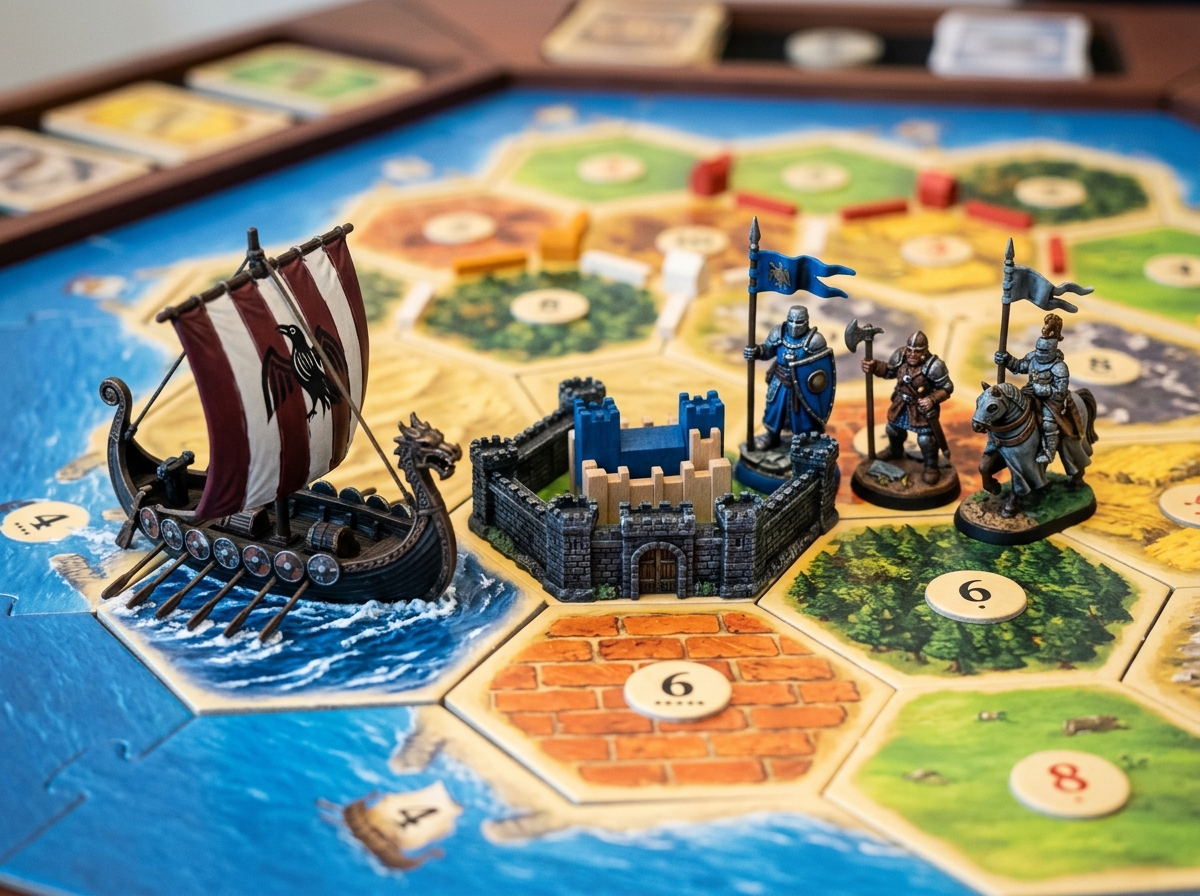 Cities & Knights components featuring city walls, knights, and barbarian ship - best catan expansions ranked Cities & Knights components featuring city walls, knights, and barbarian ship - best catan expansions ranked