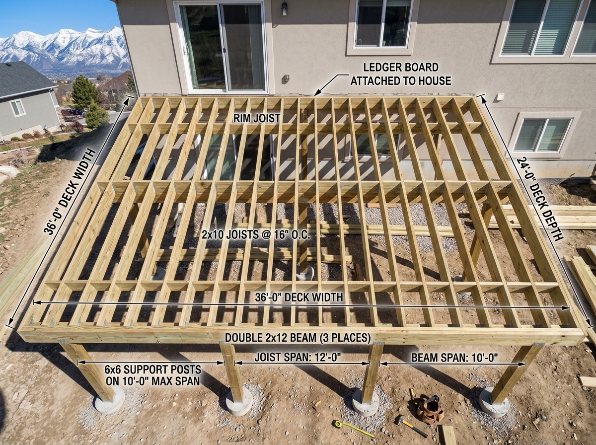 deck permit span charts framing plan overhead view Utah afternoon light - deck permit span charts