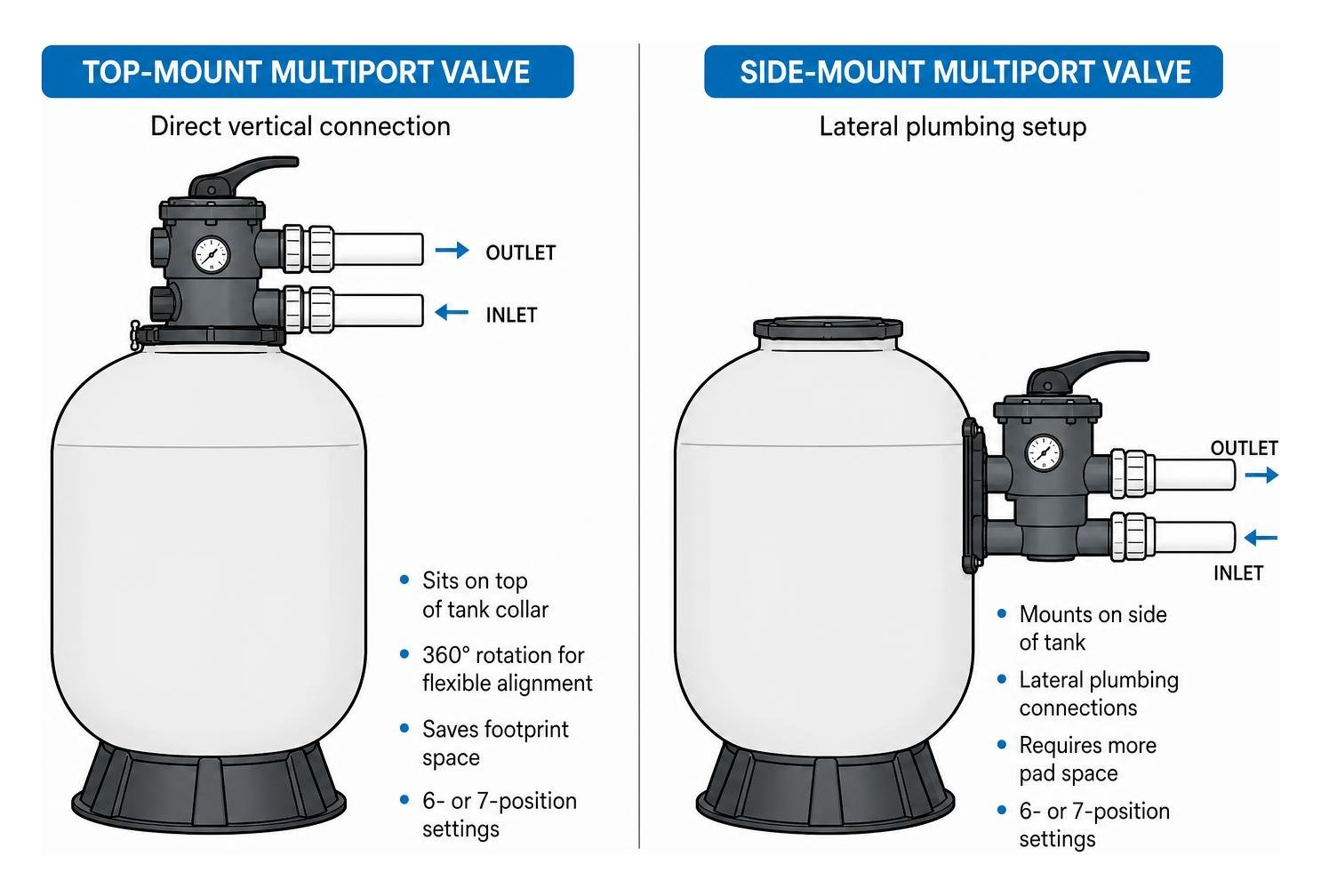 Multiport valve configurations: top-mount direct vertical connection versus side-mount lateral plumbing setup